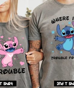 Stitch & Angel Where I Go Trouble Follow Valentine Couple T Shirt SV