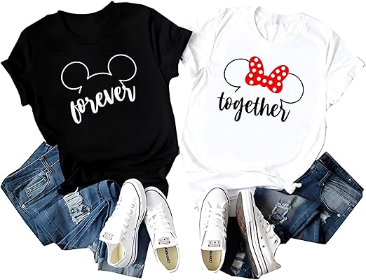 Black and White Mickey Head Forever Together Couples T-Shirt